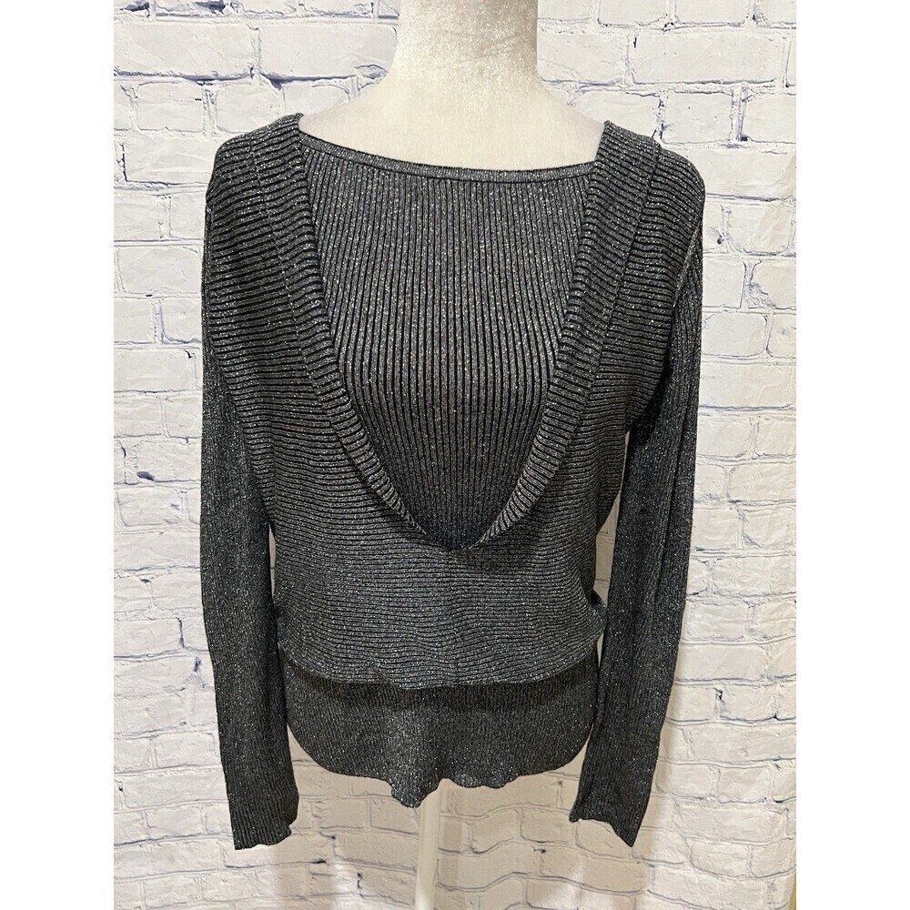 Alison Sheri Silver Sparkle Long Sleeve Open Knit Sweater Size Medium